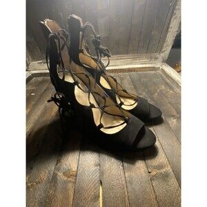 Cato Women's Sz 8 Black Suede Open Toe Zip Back Lace Up High Heel Shoes